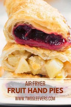 an air fryer fruit hand pie is stacked on top of each other with the words, air fryer fruit hand pies