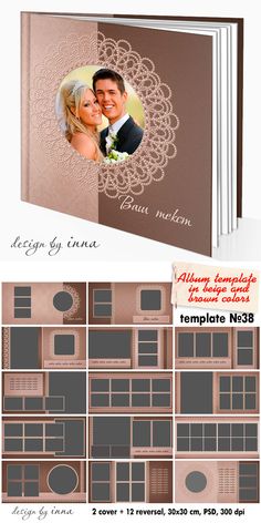 a wedding album is shown with photos and text on the cover, along with an image of