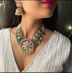 Kadambi Ruby Mint Green Antique Necklace Set/Sabyasachi jewelry/Pachi Kundan Jewelry/Pakistani Choker Jewelry/Navratan Necklace Pachi Kundan Easy to wear, Light in weight & gives you a classy Look. It can be wear in festival occasion with matching salwar suit, saree or any traditional outfit. Kadambi Ruby Green Antique Necklace Set. Base Material: Copper based Alloy Plating: Antique Gold Stone: Kundan, Imitation Stones Finish: Embellished In the Box: Necklace with Thread, Earring Pair, Extra Pus Navratan Necklace, Antique Necklace Set, Sabyasachi Jewelry, Jewelry Pakistani, Green Antique, Sabyasachi Jewellery, Kundan Jewelry, Bridal Diamond Jewellery, Choker Jewelry