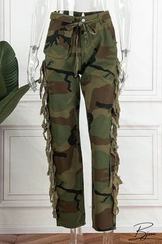 Bjux - Camuflaje Casual Calle Camuflaje Estampado Borla Patchwork Recto Cintura Alta Recto Total Estampado Pantalones Straight Fit Pants, Camouflage Print, Straight Leg Trousers, Casual Street Style, Olivia Mark, Straight Leg Pants, High Waisted Pants, Urban Fashion