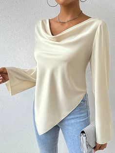 UOOZEE Long Shirts For Women, Classy Blouses, Beige Blouse, Trumpet Sleeve, Classy Work Outfits, Collar Tshirt, Asymmetrical Tops