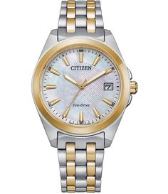 From Citizen&#x2C; the Women's Peyton Three Hand Two Tone Stainless Steel Bracelet Watch features:Two tone stainless steel case and braceletSapphire crystal mother of pearl dialFold over clasp with push buttonsThree hand movementApprox. 33mm case size Water Resistant: 10 ATMImported. Eco Drive Watches, Citizen Watch, Citizen Eco, Eco Drive, Band Bracelet, Two Tone Watch, Steel Bracelet, Watch Brands, Go Out