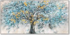 a painting of a blue tree with yellow leaves