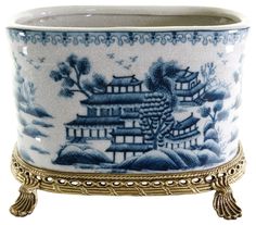 Crackle Blue and White Willow, Porcelain Flower Pot, Brass Ormolu, 7.5" - Asian - Decorative Jars And Urns - by William Sung | Houzz Pottery Plant Pots, Antique Blue Willow, White Urn, Blue Vases, Planters For Sale, Victorian Style Homes, Florida Design, White Willow, White Dinner