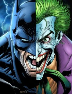 batman and joker face to face in the same color scheme, with lightning behind them