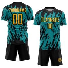 a soccer jersey and shorts with the name teamname 00 printed on it in blue