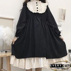 Japanese Style Lolita Dresses Women Autumn O-Neck Long Sleeve Ruffled Sweet Dress Female Kawaii Party Vestido De Mujer Goth Black-One Size