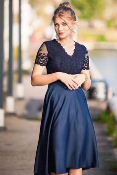 "Dark blue lace dress with circle skirt ➤ Features > dress length: 39.37\" / 100 cm > short sleeves > v-shaped neckline > separated waistband > circle skirt ➤ Sizing My Size Guide in FAQ section below will help you define the perfect size match. The item can also be made according to your measurements - just message them to me. ➤ Delivery Your item is made-to-order and will be ready within 2-7 days. Average delivery times: > North America: up to 1-2 weeks > New Zealand, Aust Lace Evening Dress With Short Sleeves For Prom, Lace Evening Dress For Prom With Short Sleeves, Lace Prom Evening Dress With Short Sleeves, Fitted Midi Dress With Lace Patchwork And Short Sleeves, Elegant Short Sleeve Lace Dress For Prom, Fitted Lace Evening Dress With Short Sleeves, Lace Short Sleeve Midi Dress For Wedding Guest, Short Sleeve Prom Dress With Lace Trim, Prom Dresses With Lace Trim And Short Sleeves