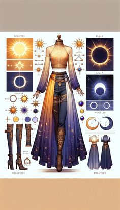 an image of a woman's outfit with sun and moon symbols on it, as well as other items