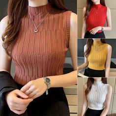 New High Quality Summer Autumn Women Mock Neck Top Turtleneck Sleeveless T-shirt Slim Knitted Vest Female Tee Knitwear Knitted Blouse, Turtleneck Style, Sleeveless Knit, Sleeveless T Shirt, Trending Products, Mock Neck Top, Sleeveless Tshirt, Fashion Pattern, Post It