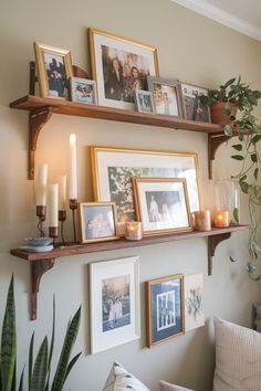 DIY Photo Wall Layouts That Anyone Can Master Wedding Photos On The Wall, Picture Shelf Entryway, Different Ways To Display Photos, Living Room Family Picture Wall Ideas, Desk With Pictures On Wall, Mantle Gallery Wall, Family Picture Decorating Ideas, Gold Frame Decor Ideas, Gallery Wall Inspiration Hallway