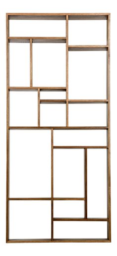 a wooden shelf with multiple squares on the top and bottom, against a white background