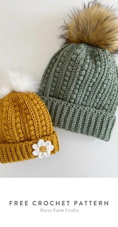 two knitted hats with pom poms on top and the text free crochet pattern