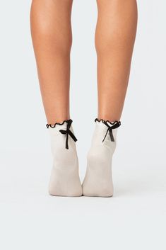 PRODUCT INFO Socks Contrast frill hem Ribbon bow tie detail Cotton, Spandex Measurements (In): Length 10.2 Item care: Wash with similar color Frilly Socks Outfit, White Frilly Socks, Ribbon Socks, Frill Socks, Bow Socks, Ribbon Bow Tie