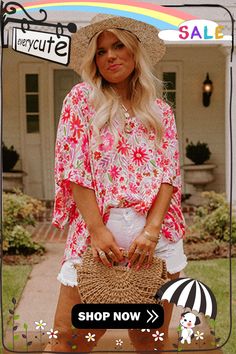 Pink Floral Ruffled Half Sleeve V-neck Plus Size Blouse Casual Floral Print V-neck Top For Summer, Casual Short Sleeve V-neck Top For Brunch, Casual Pink V-neck Top For Summer, White V-neck Top For Summer Vacation, Spring Printed V-neck Tops, Spring V-neck Printed Tops, Trendy V-neck Top For Vacation, Chic V-neck Top For Beach Season, Long Sleeve V-neck Top For Summer Brunch