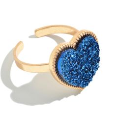 Blue Druzy Heart Ring Gold - One Size Fits Most, Adjustable - Approximately .75" Blue Adjustable Heart Ring, Adjustable Blue Heart Ring, Blue Round Heart Ring As Gift, Blue Heart-shaped Ring For Valentine's Day, Blue Ring For Valentine's Day Gift, Adjustable Blue Jewelry For Valentine's Day, Heart Knot Ring, Heart Ring Gold, Princess Diamond Ring