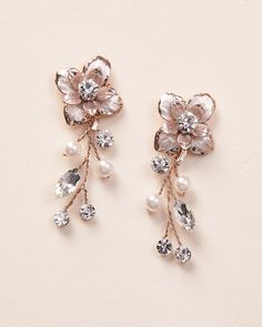 Petite Pearl & Floral Earrings - Shop Bridal Jewelry | Dareth Colburn Rose Gold Flower-shaped Earrings With Pearl Drop, Rose Gold Flower Earrings With Pearl Drop, Rose Gold Pearl Drop Flower Earrings, Rose Gold Flower Drop Earrings With Pearl, Elegant Flower Shaped Crystal Earrings With Flower Charm, Crystal Flower Earrings For Wedding, Pearl Flower Charm Drop Earrings, Gold Crystal Flower Earrings, Pearl Flower Earrings With Flower Charm