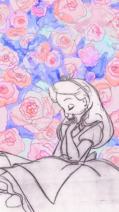 a drawing of a woman sitting on top of a bed with flowers in the background