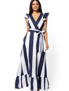 Wrap Maxi Dress, Maxi Wrap Dress, Style Statement, Petite Fashion, Ruffle Hem, V Shape, Navy And White, Cap Sleeves, Stripes