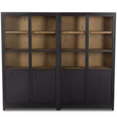 the bookcase is black and has two shelves on each side, with doors open