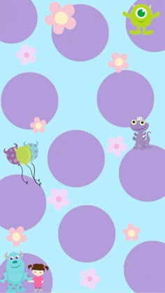 an image of some cartoon characters on a blue and purple background with pink flowers in the foreground