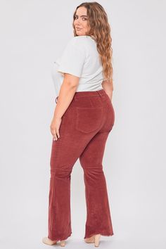 Step up your vintage style in our Women's Plus Corduroy Flare. These bell-bottom pants are in a textured corduroy and flare silhouette. Designed slim in the hips and thighs, as well as with a high-rise and a seam behind the knee for an extra flattering fit. Featuring a frayed hem to spice things up! We love these styled with a band tee and sneakers for a trendy look or a sweater vest and booties.Product Details- High-Rise - 1-Button Closure with Zipper - 5 Pocket Construction- Flare Silhouette S Flare Corduroy Pants For Fall, Fall Flare Corduroy Pants, Fall Corduroy Flare Pants, Stretch Flare Corduroy Bottoms, Stretch Corduroy Flare Bottoms, Plus Size Corduroy, Corduroy Flare Pants, Ymi Jeans, Bell Bottom Pants