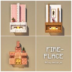 four different pieces of furniture made out of lego bricks and paper machs, each with a fireplace