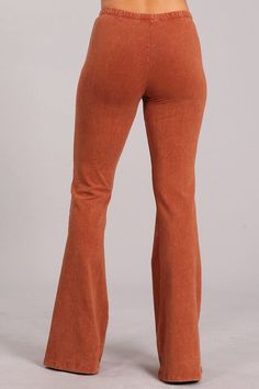 Experience luxury with our Chatoyant Mineral Wash Bell Bottoms! These pants have the appearance of mineral jeans, but the comfort of leggings and an elastic waist. Each one is uniquely hand-dyed, resulting in beautiful variations that add character. With an inseam of 33 inches and made in America with a blend of 93% cotton and 7% spandex, these pants are the epitome of premium quality. Perfect for resort wear, exude elegance and sophistication while staying comfortable and sexy. Check out all th Comfortable Brown Bottoms For Fall, Trendy Jeans With Elastic Waistband For Fall, Trendy Elastic Waistband Jeans For Fall, Comfortable Brown Fall Pants, Comfortable Full-length Bottoms For Fall, Comfortable Full Length Bottoms For Fall, Versatile Stretch Bottoms For Fall, Comfortable Full Length Pants For Fall, Mid-rise Yoga Pants For Fall