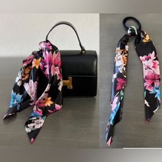 This Is A Black & Pink Floral Scarf On An Elastic Tie. The Scarf Can Be Detached And Used As A Purse Scarf. - Scarf Measures: 18" X 18" - Satin Look - Soft Hair Tie - Scarf Can Be Tied To A Purse To Add Visual Interest Or A Pop Of Color Purse Available In Boutique! From A Smoke-Free, Pet-Free Home. Black Bag For Day Out In Spring, Black Bags For Spring Gifts, Black Bags For Spring Season Gifts, Trendy Floral Print Bags For Day Out, Multicolor Floral Print Bags For Day Out, Multicolor Floral Print Bag For Day Out, Black Bags With Floral Print For Gifts, Elegant Black Bags With Floral Print, Black Bohemian Scarves With Floral Print