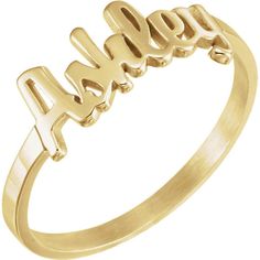 Perfect for new mothers and babies, this solid gold name text script ring is completely personalized with whatever text you want. Available in 14k, 18k yellow, rose, white gold & platinum--just choose your desired metal from the drop-down menu before checkout. HOW TO ORDER: Please specify the text in the order notes during checkout. Details: * Default size is approx. 7mm tall for the text, and the band is 1.8mm x 1mm. Contact us if you want different dimensions. * We can do the finish as mat Classic Yellow Gold Engraved Ring With Custom Name, Classic Rings With Custom Name For Personalized Gift, Customizable Gold Initial Ring, Classic Custom Name Rings For Personalized Gift, Classic Personalized Name Ring, Gold Nameplate Rings With Names, 14k Yellow Gold Custom Name Ring, 14k Gold Engraved Ring For Promise With Names, Yellow Gold Engraved Ring With Names For Promise