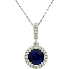 Royal 14K White Gold Pendant Necklace with Round Sapphire and Diamond Halo - 1.23 Carat Total Gem Weight Luxury Round Necklaces With Lab-created Sapphire, Sapphire Necklace With Brilliant Round Cut, Formal Round Sapphire Necklaces, Exquisite Sapphire Round Necklace, Exquisite Round Sapphire Necklace, Formal Round Diamond Necklace With Gemstones, Sapphire Necklace With Brilliant Cut Round Pendant, Luxury Sapphire Round Necklace, Sapphire Jewelry With Brilliant Cut Round Stone