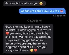 two text messages that say goodnight baby i love you too