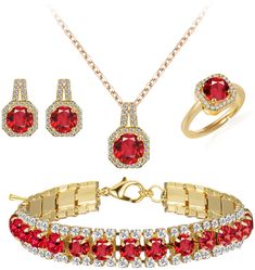 PRICES MAY VARY. Red Birthstone Jewelry Set for Women: Brand Name: Paxuan. Material: Platinum / Gold Plated Stainless Steel Chain (environmental friendly and hypoallergenic) + Cubic Zirconia. Size: Necklace: 15.5'' + 2.5'' Extension. Pendant: 0.7'' in length, 0.4'' in width. Earrings: 0.5'' in length, 0.3'' in width. Bracelet: 7.3'' + 2.5'' Extension. Ring: Adjustable.Weight: 30g/set (Perfect weight, comfortable to wear). Color: Gold plated color red cubic zircon. Classic Design: This women ruby Prom Jewelry Sets, Ruby Birthstone, Gold Jewelry Sets, Prom Jewelry, Women's Jewelry Sets, Red Necklace, Jewelry Model, Rhinestone Necklace, Wedding Jewelry Sets