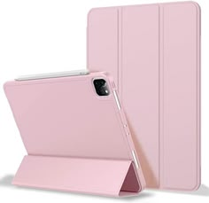 the pink ipad case is open to show it's front and back sides