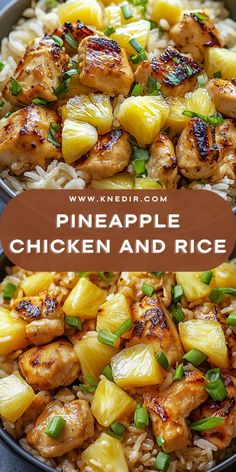 pineapple chicken and rice in a pan with text overlay