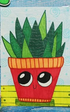 a painting of a red potted plant with eyes on it's face, sitting on a wooden surface