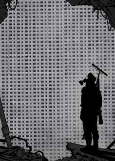 the silhouette of a man holding an ax in front of a grungy background