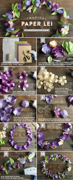 the instructions for making paper flowers are shown in several different ways, including purple and green