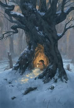 a painting of a person walking through a snow covered forest with a light at the end