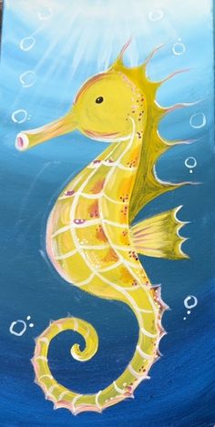 a painting of a yellow sea horse in the ocean with bubbles on it's body