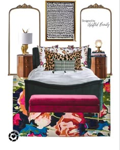 a bedroom with an upholstered bed, colorful pillows and artwork on the wall