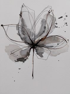 a watercolor painting of a flower on a white paper with black and brown ink