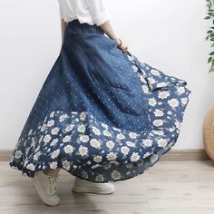 Descriptions Breathe some life into your wardrobe with this bold and daring floral denim skirt! Elevate any look with its high-rise design and frayed edges, allowing you to take risks and push the boundaries of your style. This must-have addition will surely inspire you to be more adventurous with your fashion choices and take on the day with confidence! Details Silhouette: A-lineMaterial: DenimOccasion: DaytimeProcess: PrintedApparel Closure Type: ElasticRise Style: High WaistTheme: Summer, Spring, AutumnColor: BlueSize: One Size Size Chart Length: 92 cm/ 36.22 ''Waist: 70-102 cm/ 27.56-40.16 ''Hem: 580 cm/ 228.35 '' Non-stretch Medium Wash Skirt For Summer, Spring Non-stretch Denim Skirt, Denim Blue Bohemian Cotton Skirt, Bohemian Style Denim Blue Cotton Skirt, Summer Bohemian Denim Blue Skirt, Summer Non-stretch Denim Skirt, Flowy Cotton Denim Skirt, Non-stretch High Waist Denim Skirt For Spring, Non-stretch Denim Skirt For Summer