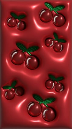 an abstract red background with cherries and leaves on it's sides, as well as in the bottom right corner