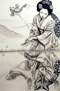 a drawing of a woman holding an umbrella next to a lake with birds flying around