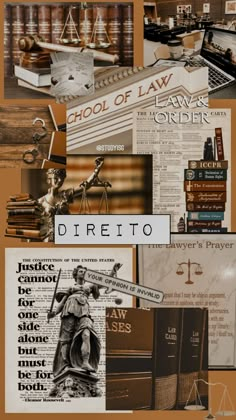 a collage of law related images with the words direeto written in black and white