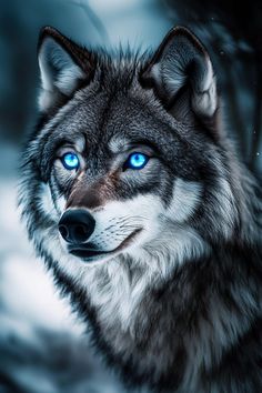 a wolf with blue eyes staring at the camera