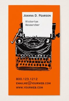 a business card with an old fashioned typewriter and orange background, featuring the words