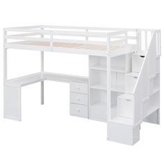 a white loft bed with stairs and desk underneath it, against a white background that is also used for storage