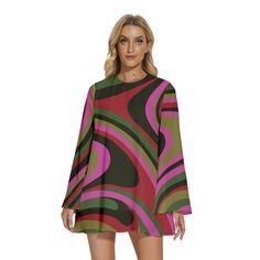 Step into the enchanting world of 70s Dress Style with our Bell Sleeve Dress, a captivating piece that encapsulates the spirit of the groovy era. This 60s 70s mini dress is a Boho Dress with a distinctive Bohemian touch, perfect for those seeking a Pink brown Hippie Dress that exudes both charm and style.The Multicolor Tent Dress features a groovy pattern print inspired by the psychedelic aesthetics of the 70s, creating a visually striking and unique look. This slip-on dress is designed for ease Bohemian A-line Mini Dress For Party, Retro Multicolor A-line Dress, Bohemian Multicolor A-line Mini Dress, Multicolor Mod A-line Dress, Multicolor A-line Mod Dress, Bohemian Green Mini Dress For Fall, Hippie Long Sleeve Multicolor Dresses, Multicolor Long Sleeve Hippie Dress, Vintage Green Long Sleeve Mini Dress